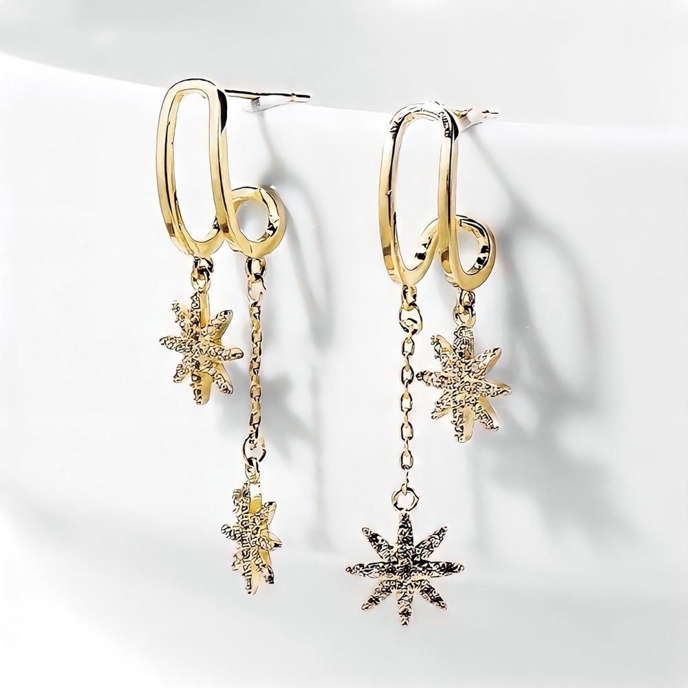 Any 2/$20! Gold U-Shaped Cradle Earrings w/Dangling Starbursts - Picture 3 of 8